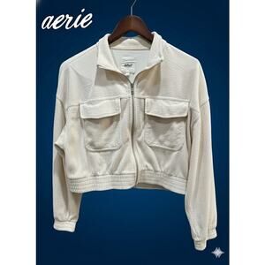 Aerie Women’s Cream Soft Lightly Ribbed Crop Zipper Jacket Coat L Large